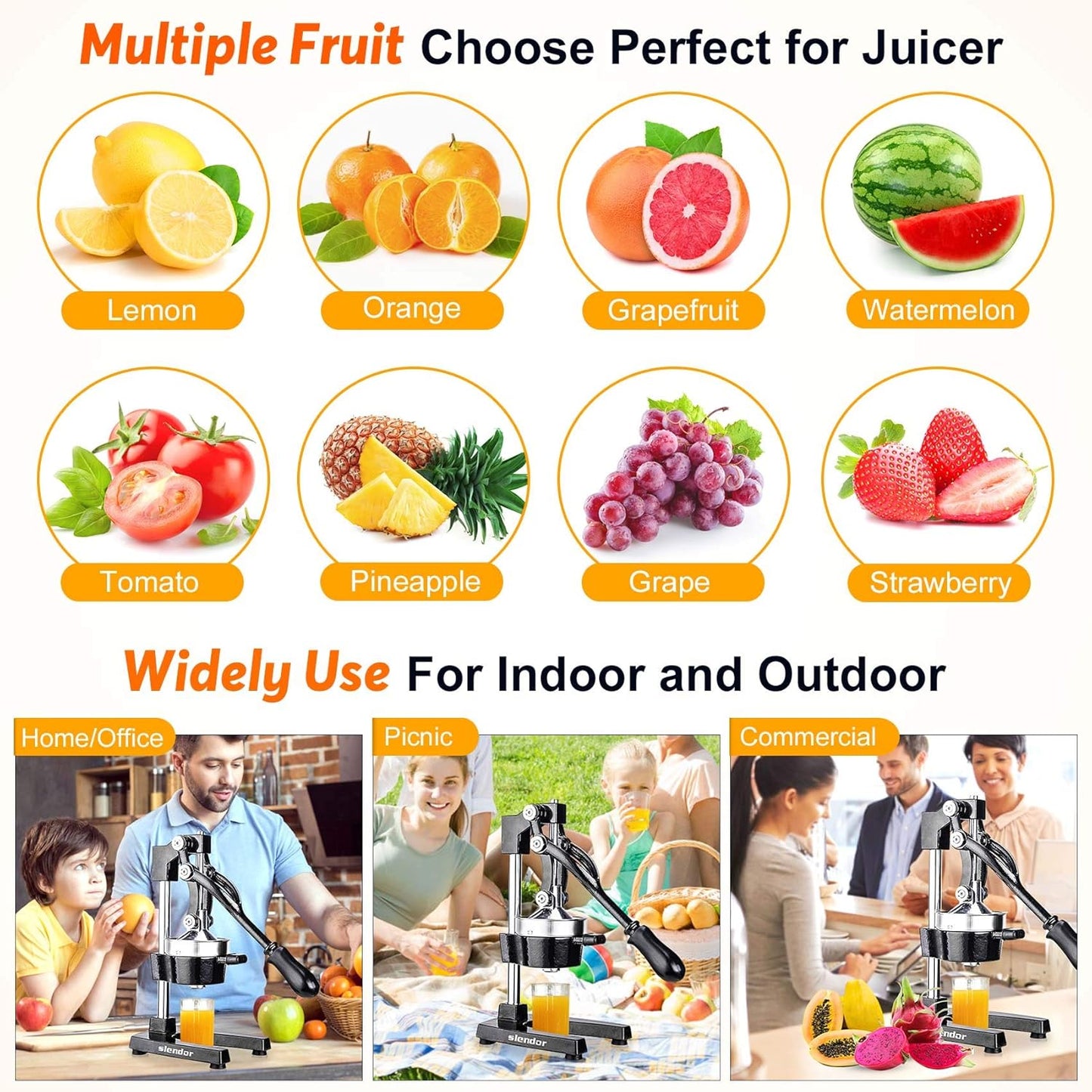 Commercial Citrus Juicer Manual Fruit Juicer and Orange Squeezer Metal Hand Press Juice, Heavy Duty Orange Juicer Lemon Lime Squeezer Pomegranate Premium Quality with Bonus Skimmer Spoon