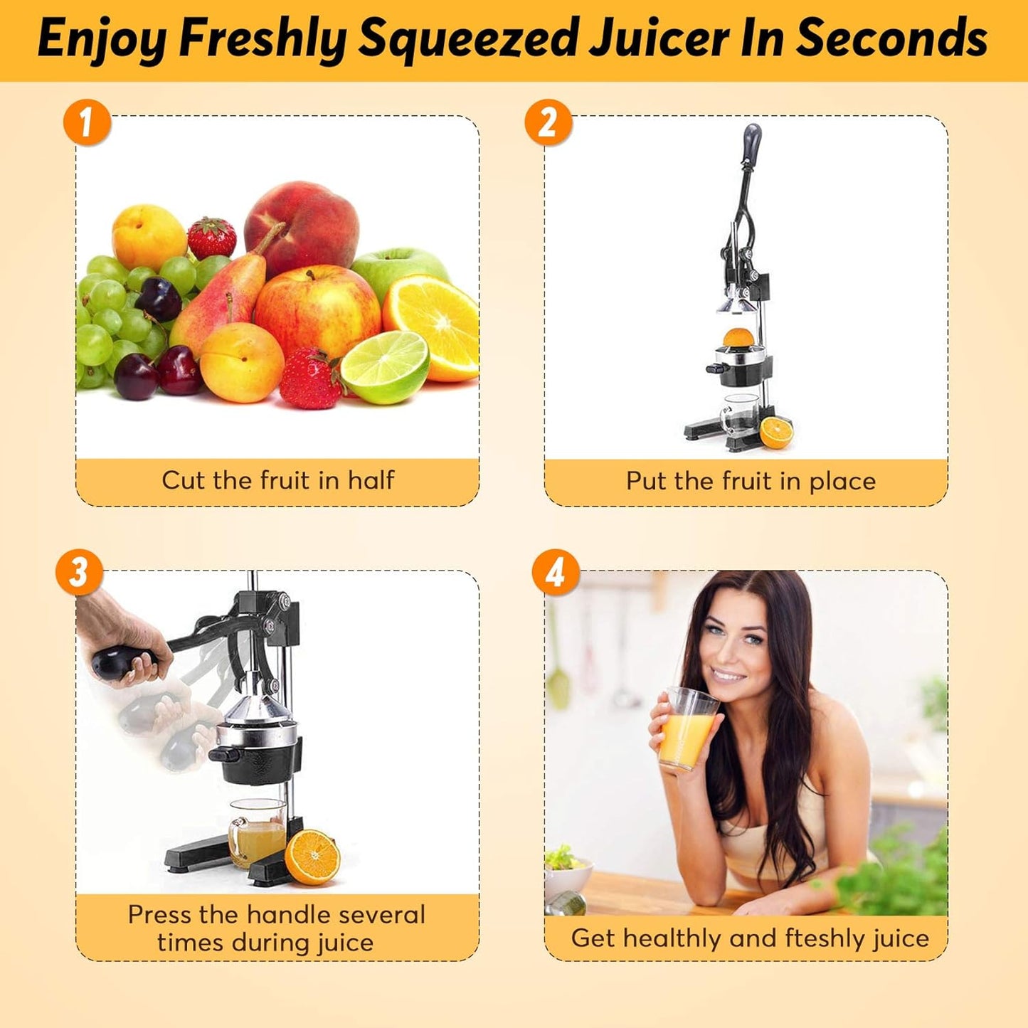 Commercial Citrus Juicer Manual Fruit Juicer and Orange Squeezer Metal Hand Press Juice, Heavy Duty Orange Juicer Lemon Lime Squeezer Pomegranate Premium Quality with Bonus Skimmer Spoon