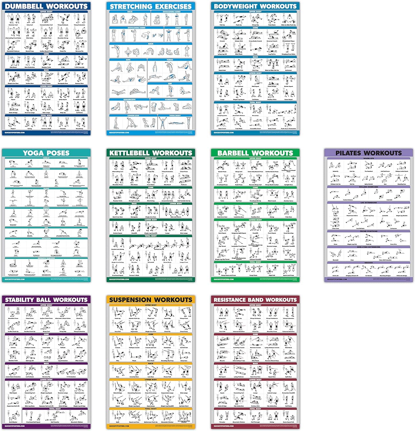 10 Pack - Exercise Workout Poster Set - Pilates, Dumbbell, Suspension, Kettlebell, Resistance Bands, Stretching, Bodyweight, Barbell, Yoga Poses, Exercise Ball (LAMINATED, 18" X 24")