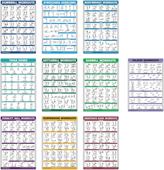 10 Pack - Exercise Workout Poster Set - Pilates, Dumbbell, Suspension, Kettlebell, Resistance Bands, Stretching, Bodyweight, Barbell, Yoga Poses, Exercise Ball (LAMINATED, 18" X 24")